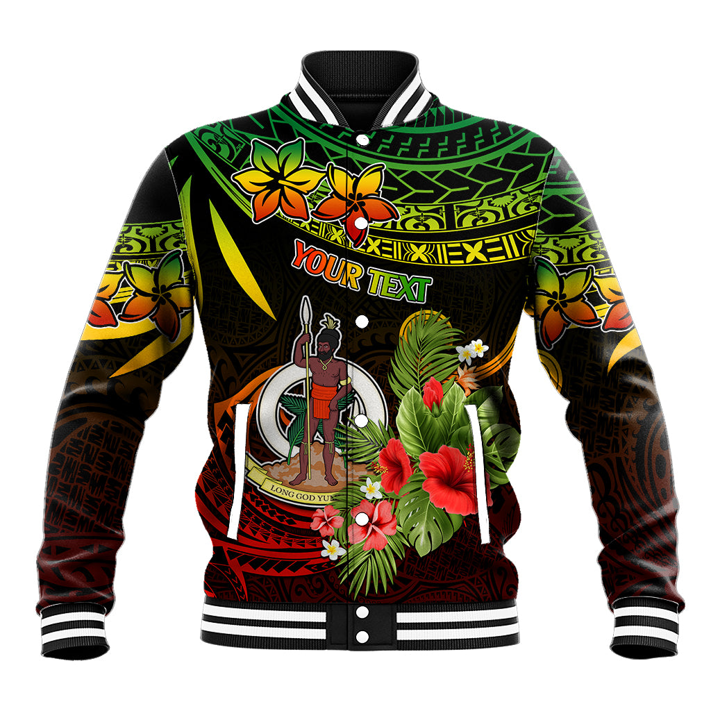 Baseball jacket with black-green tropical graphic, striped collar, snap front, "YOUR TEXT" panel