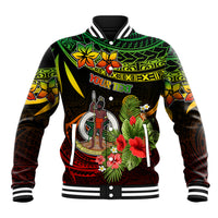 Baseball jacket with black-green tropical graphic, striped collar, snap front, "YOUR TEXT" panel