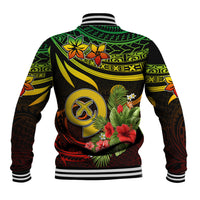 Baseball jacket back with green-yellow tribal band, round emblem, tropical flowers, striped rib trim