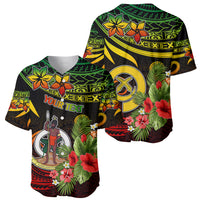 Tropical baseball jersey in green, black, and yellow with floral print and 'Your text' panel