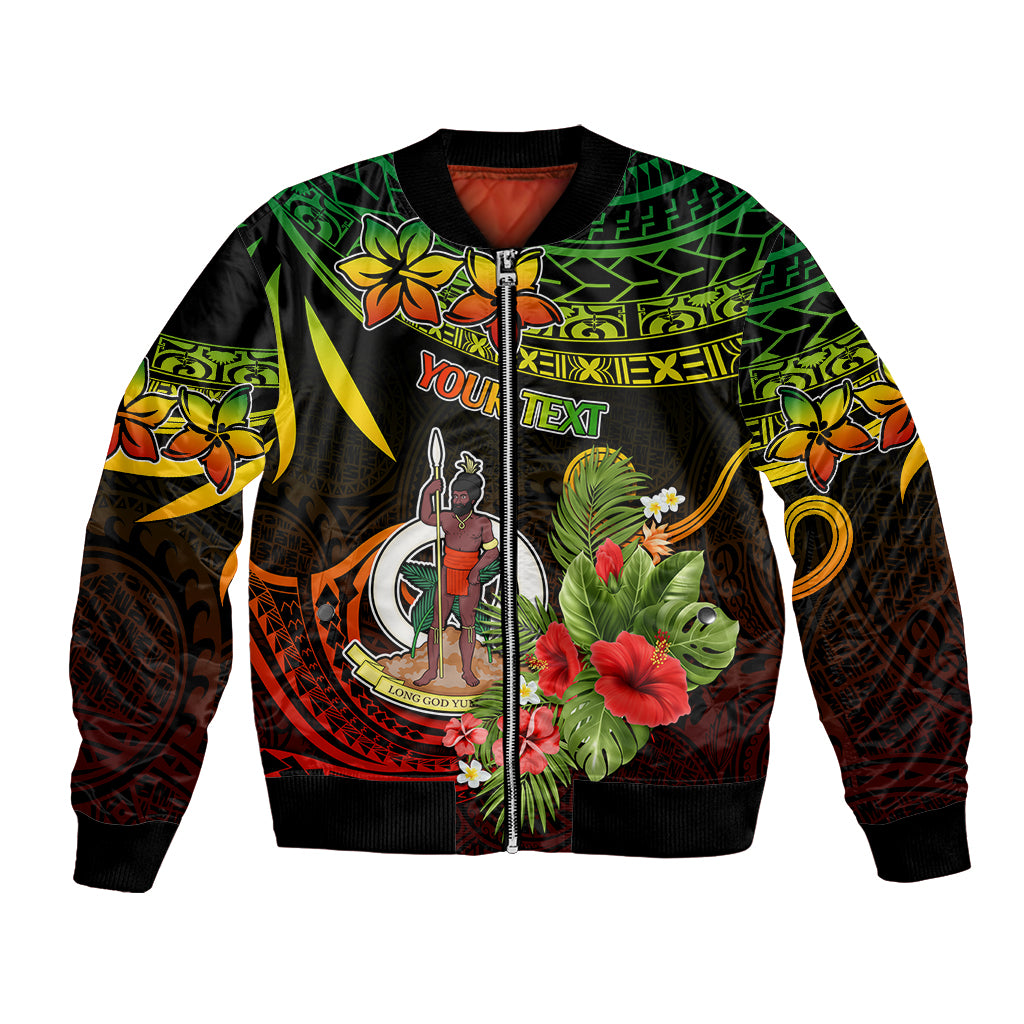 Black bomber jacket with front zip, green/yellow/red island floral graphic