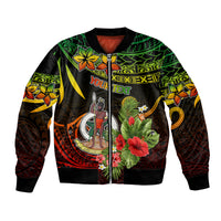 Black bomber jacket with front zip, green/yellow/red island floral graphic