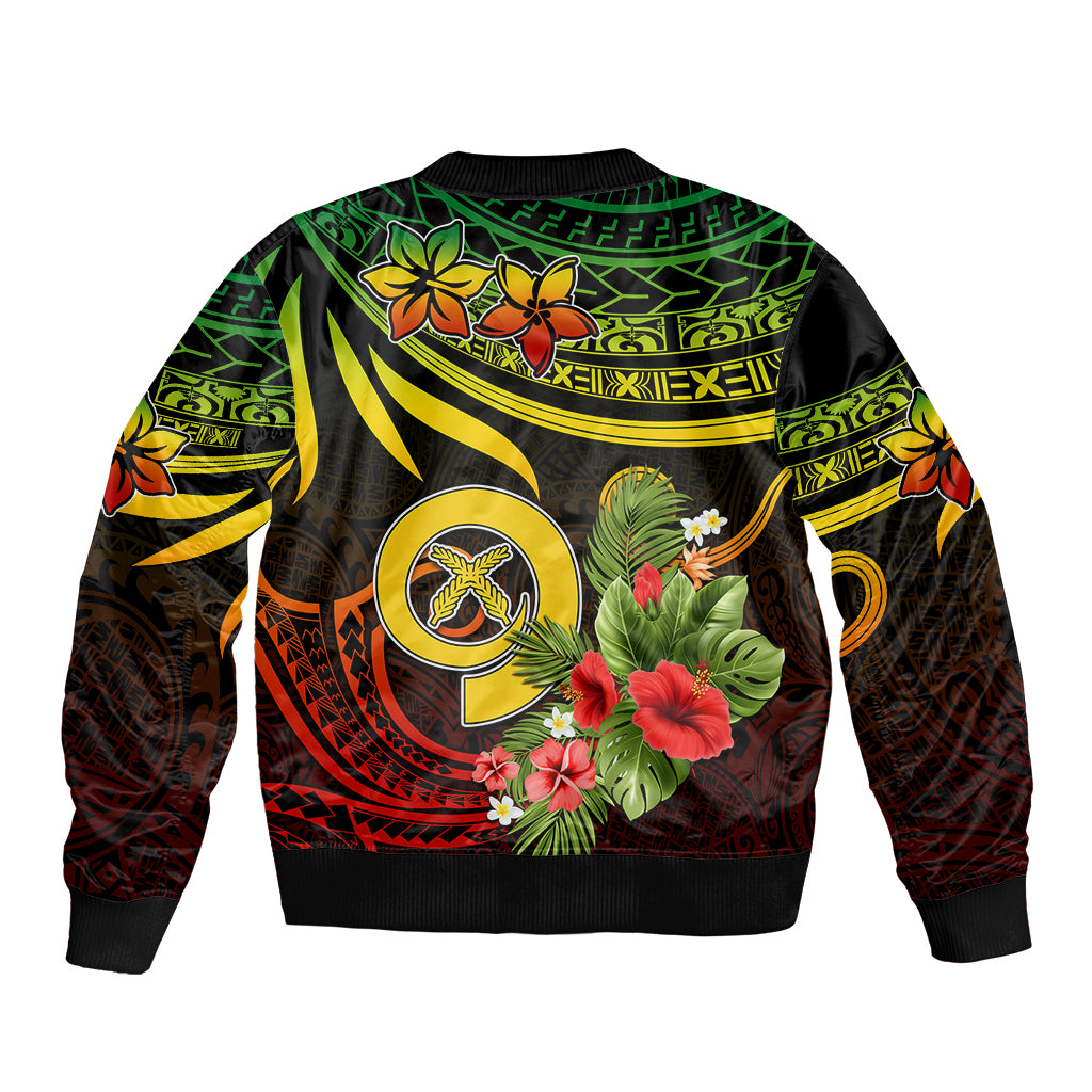 Black bomber jacket back view with green/yellow/red island pattern and flower art