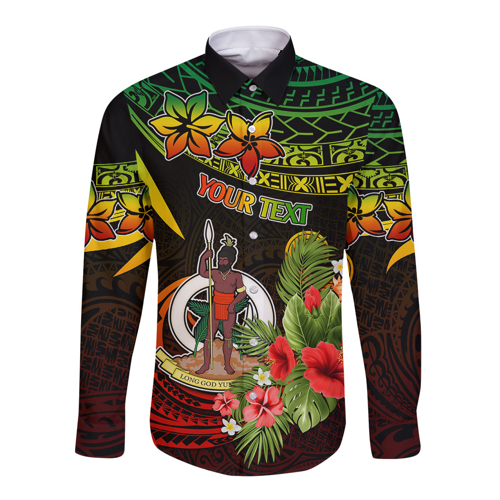 Unisex long-sleeve button shirt with tropical floral and island graphic, green/yellow/red.