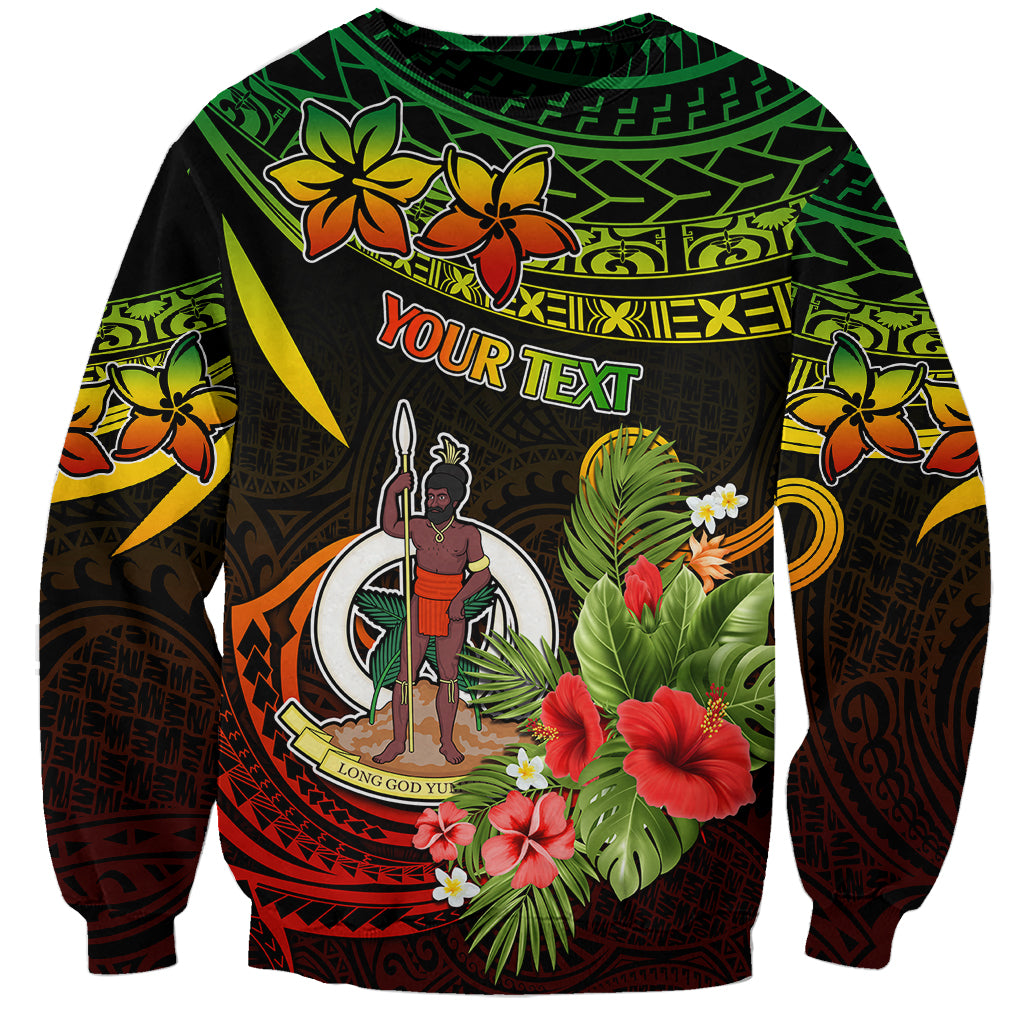 Unisex sweatshirt with dark base and Vanuatu-style tribal graphics, tropical flowers, long sleeves