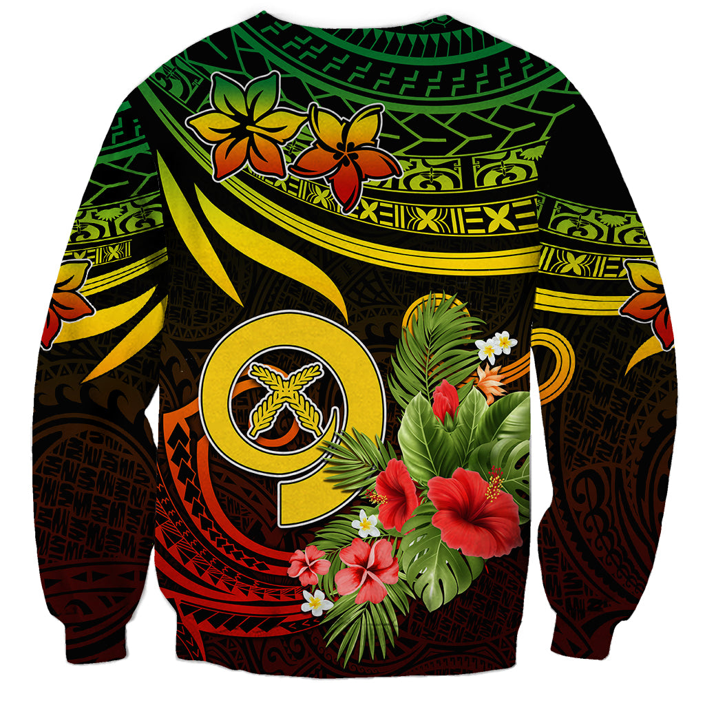 Unisex sweatshirt with dark base, Vanuatu tribal patterns and circular emblem, tropical flowers