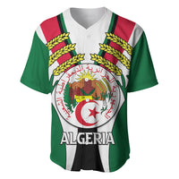 Green baseball jersey with Algeria crest and leaf wreath, red/white stripes, button front