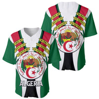Two green baseball jerseys with Algeria crest, wreath, and red/white stripe panels, button front
