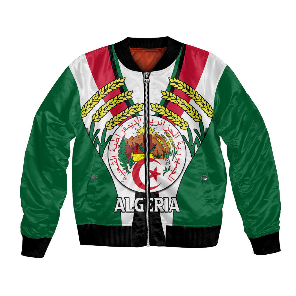 African bomber jacket with Algerian emblem, green sleeves, black ribbed cuffs and front zipper