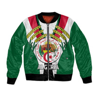 African bomber jacket with Algerian emblem, green sleeves, black ribbed cuffs and front zipper