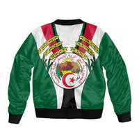 African bomber jacket with Algerian crest, green sleeves, black ribbed hem, front zipper