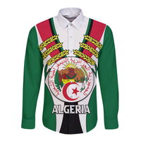 Unisex long-sleeve button shirt, green with Algeria emblem and 'ALGERIA' print