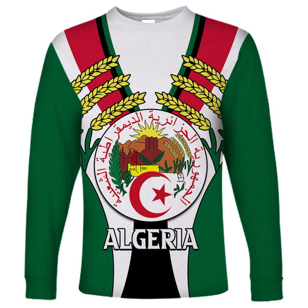 Unisex long sleeve crewneck shirt with green, white, and red stripes and Algeria crest print