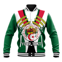 Green and white baseball jacket with ribbed collar and cuffs, Algeria-style crest graphic, 'YOUR TEXT'