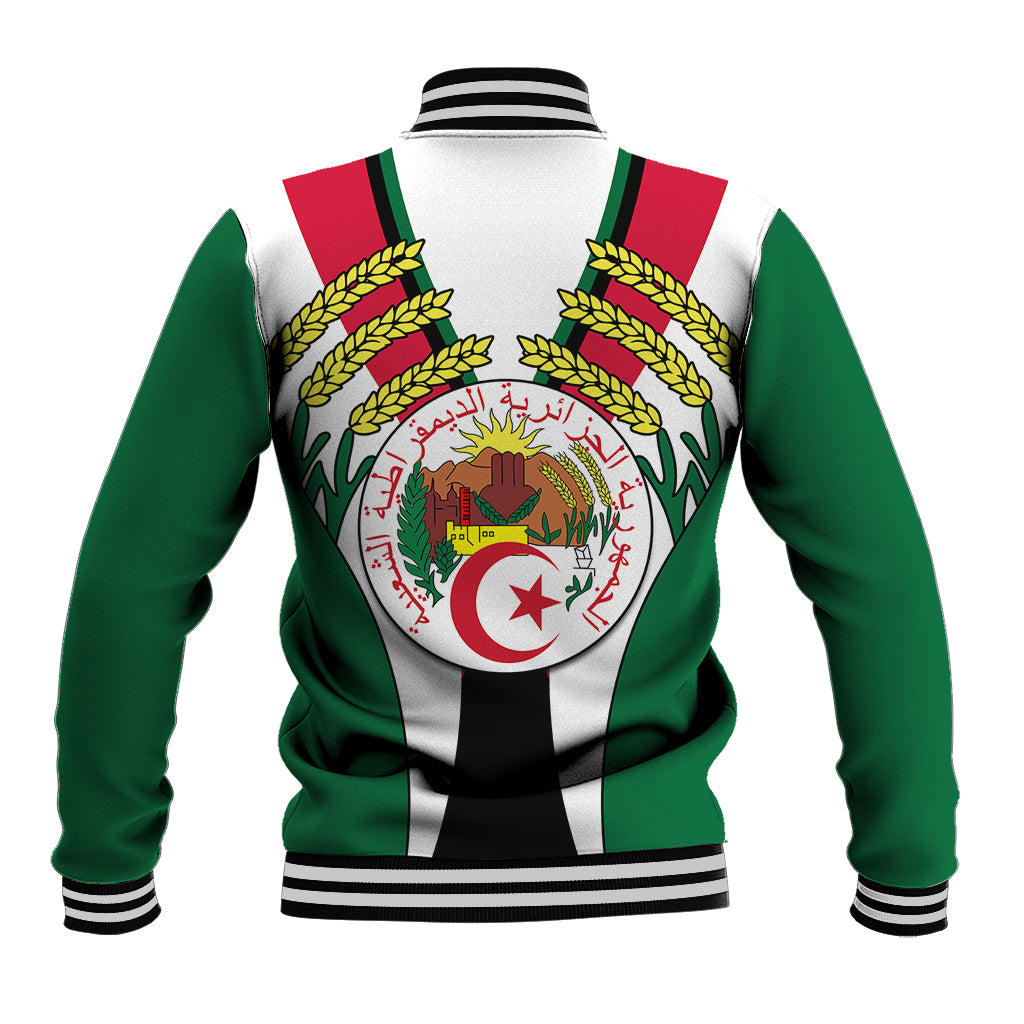 Green and white baseball jacket with ribbed hem, Algeria-style crest graphic on back