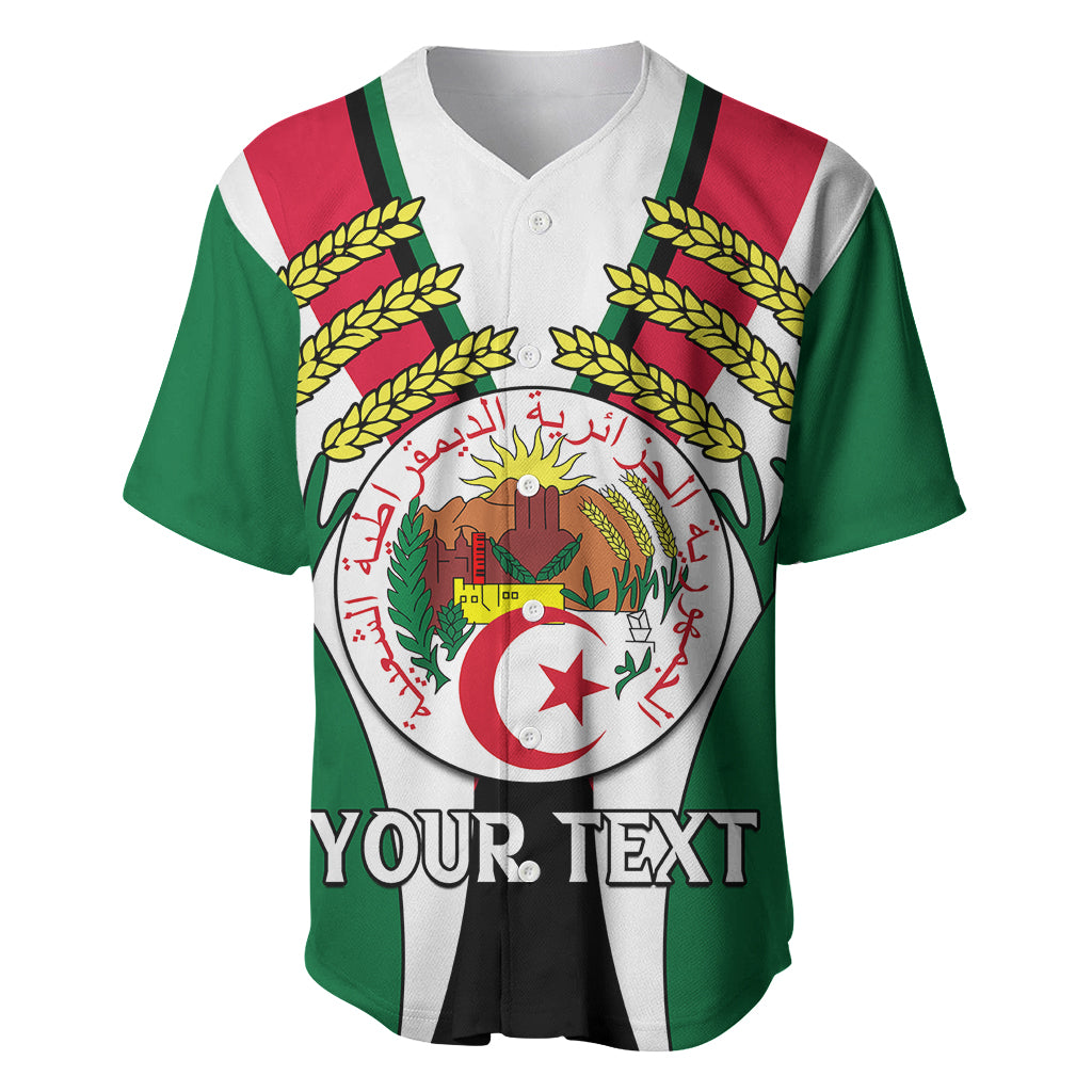 Green, red, and white baseball jersey with Algeria crest, V-neck buttons, and YOUR TEXT