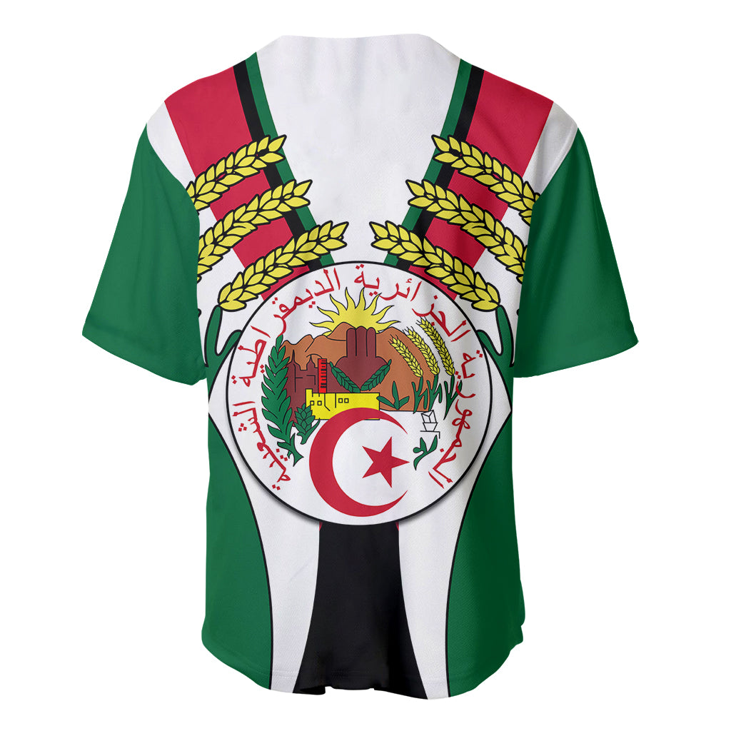 White V-neck baseball jersey with green and red sleeves and Algeria crest on front