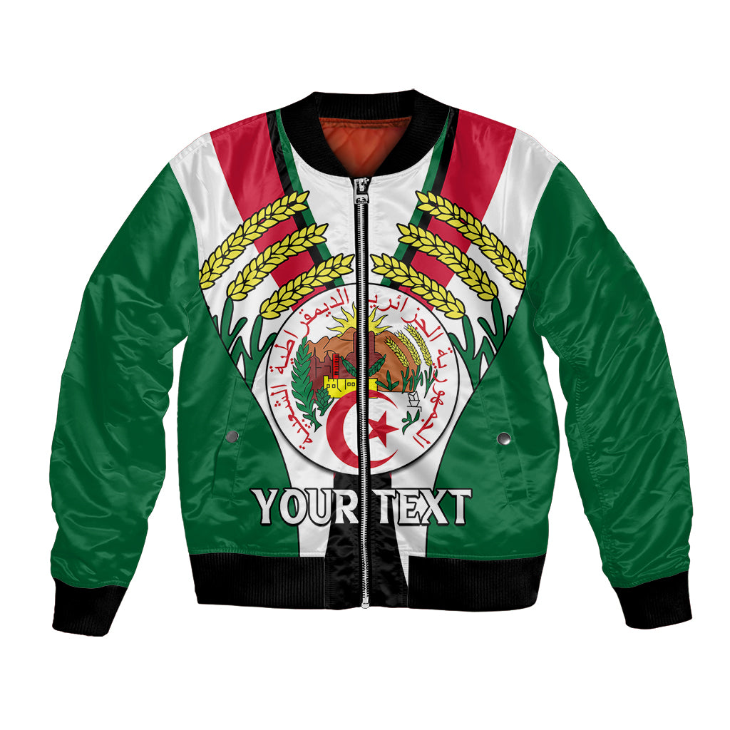 Green bomber jacket with front zipper and Algerian emblem graphic, with 'YOUR TEXT' on chest