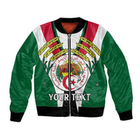 Green bomber jacket with front zipper and Algerian emblem graphic, with 'YOUR TEXT' on chest