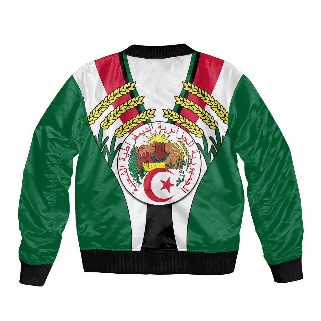 Green bomber jacket with front zipper and Algerian emblem graphic on white front panel