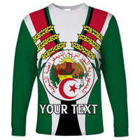 Unisex long sleeve green shirt with Algerian crest and laurel graphic, 'YOUR TEXT' below