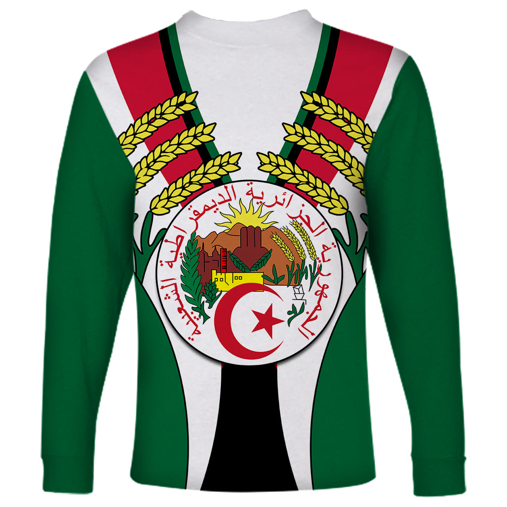 Unisex long sleeve shirt with Algerian crest and laurel, green sleeves and red-white stripes