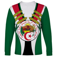 Unisex long sleeve shirt with Algerian crest and laurel, green sleeves and red-white stripes