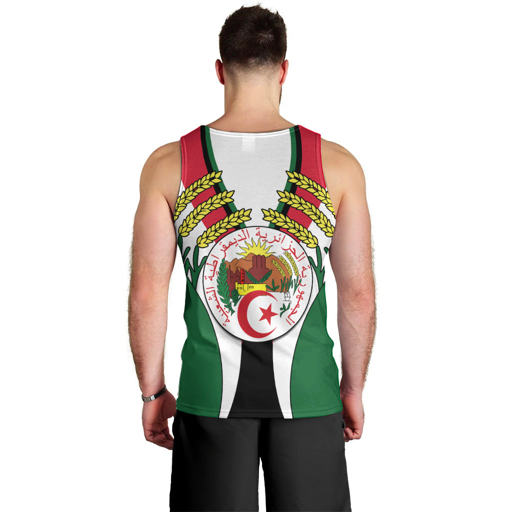 Men's green tank top with back print of Algerian crest and wheat wreath