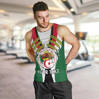 Men's green tank top with crest emblem, wheat wreath, and custom 'YOUR TEXT'