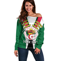 Women’s off-shoulder green sweater with Algeria flag print and long sleeves