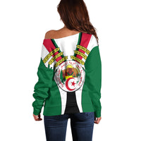 Women’s off-shoulder green sweater, back view with Algeria flag emblem and long sleeves
