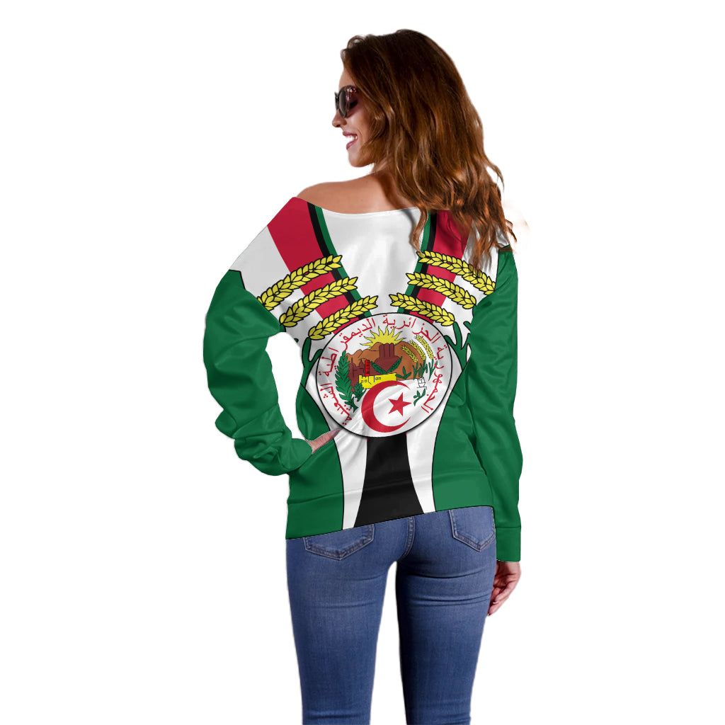 Women’s off-shoulder green sweater, side view, Algeria flag emblem with long sleeves