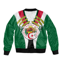 Green, white, and red unisex bomber jacket with front zipper and central Algerian crest graphic