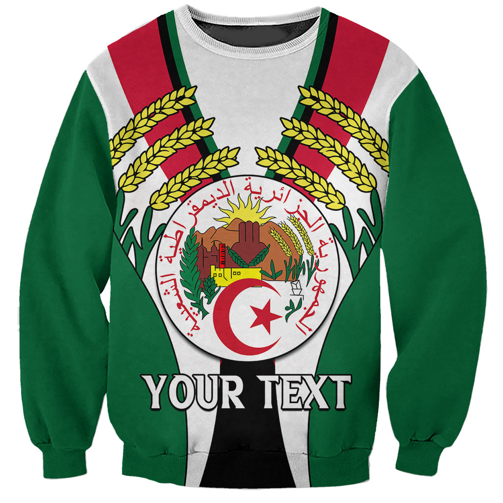 Unisex green crewneck sweatshirt with Algeria emblem, red/green shoulder stripes, personalized text