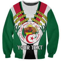 Unisex green crewneck sweatshirt with Algeria emblem, red/green shoulder stripes, personalized text