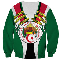 Unisex green crewneck sweatshirt with Algeria emblem and red/green shoulder stripes, no text
