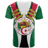 Green T-shirt with Algerian emblem graphic, wheat wreath, and flag side stripes