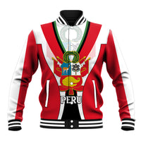 Red and white striped baseball jacket with crest and 'PERU' graphic, ribbed collar