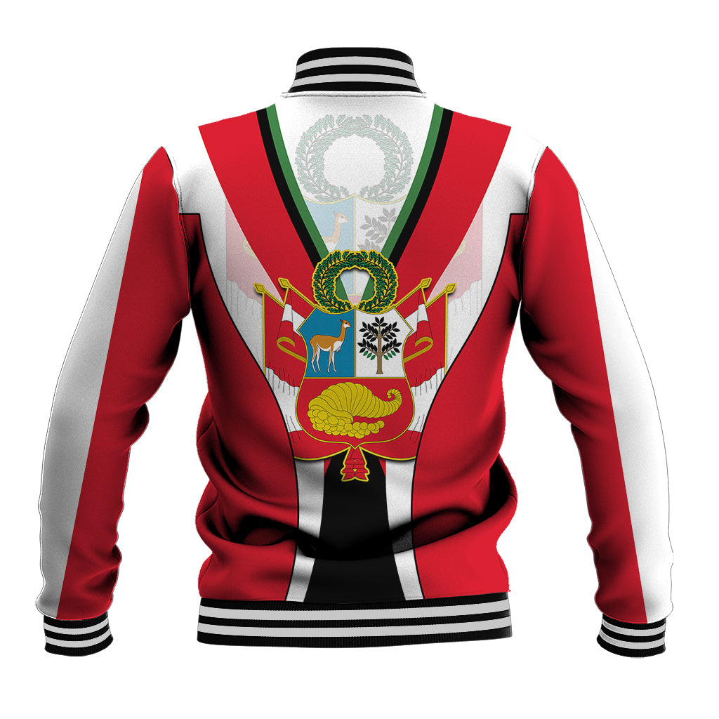 Red and white striped baseball jacket with large back crest, ribbed hem and cuffs
