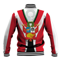 Red and white striped baseball jacket with large back crest, ribbed hem and cuffs
