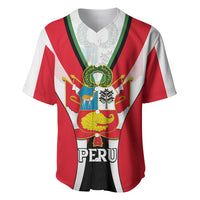 Red Peru baseball jersey with green V-striped trim and large front crest graphic