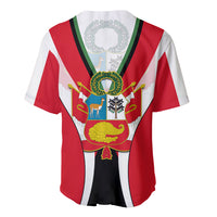 Red Peru baseball jersey back with green V-striped trim and centered crest artwork