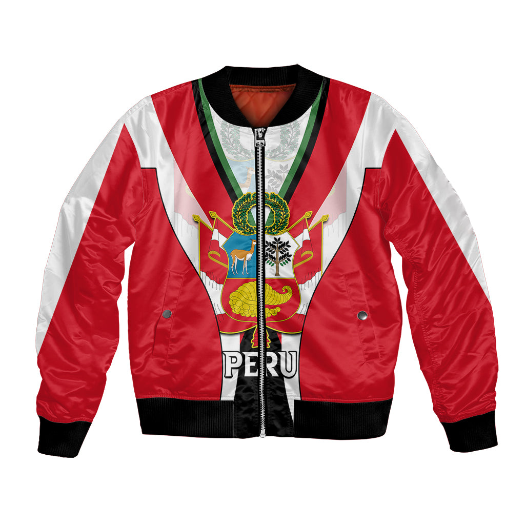 Red and white Peruvian bomber jacket with green trim, front zipper, graphic front