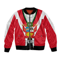 Red and white Peruvian bomber jacket with green trim, front zipper, graphic front