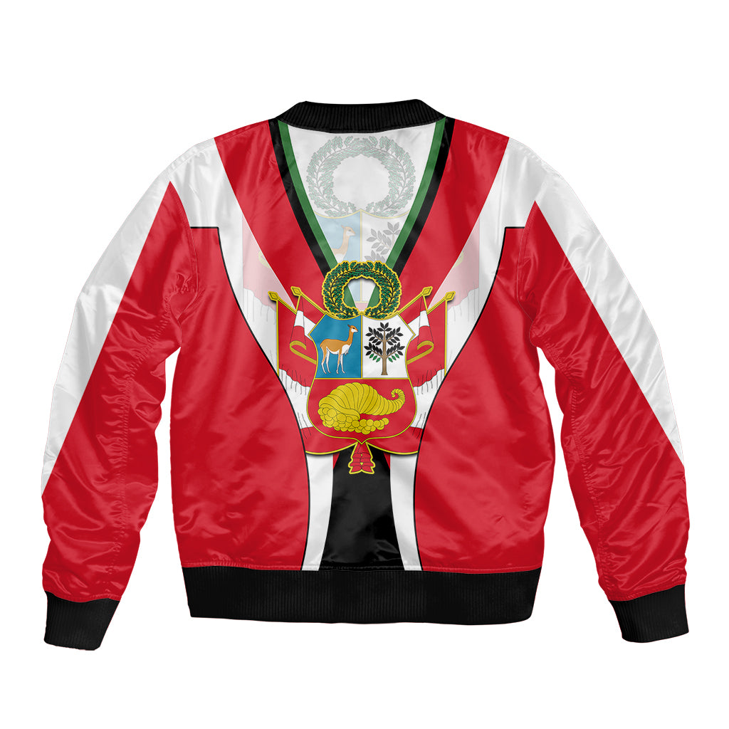 Red and white bomber jacket with green V trim, front zipper, crest graphic