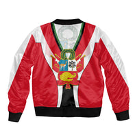 Red and white bomber jacket with green V trim, front zipper, crest graphic