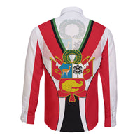 Unisex long-sleeve button shirt, back view with Peru crest, red/white vertical stripes