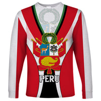 Red long-sleeve crewneck shirt with Peru crest graphic on front