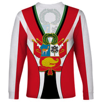 Red long-sleeve crewneck shirt with shield graphic and 'PERU' text