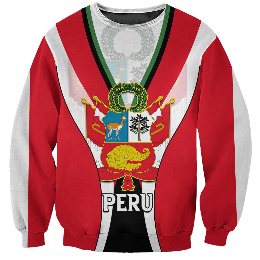 Red crewneck sweatshirt with striped V-trim and front graphic reading “PERU”.
